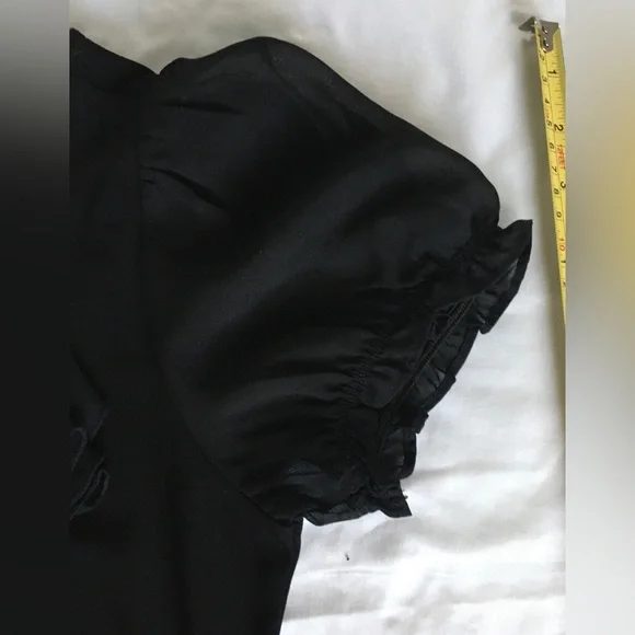 EUC WHBM black short sleeve vneck top with sheer ruffle accent and sleeves. - Picture 5 of 8